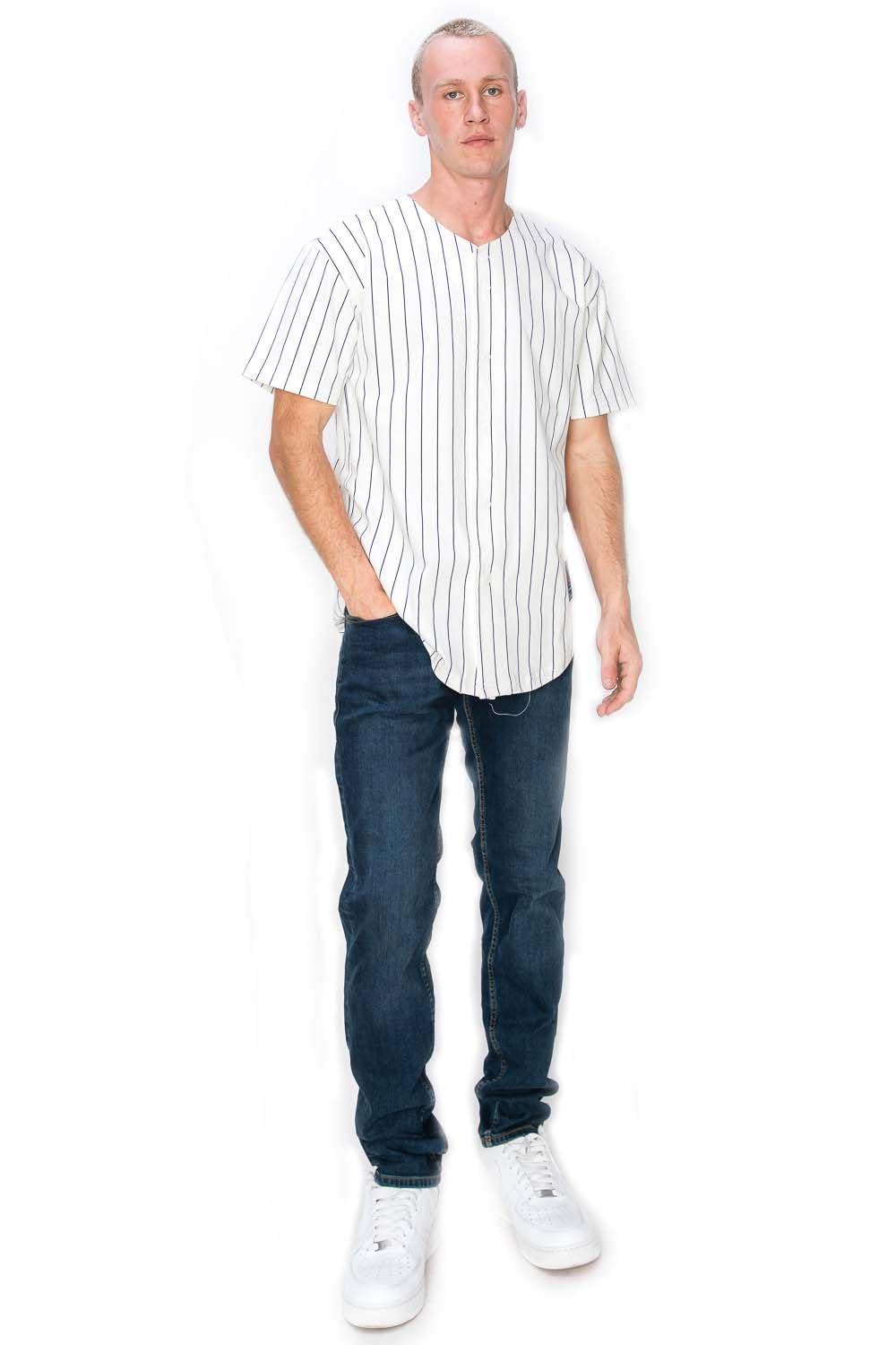 YURO-K Men's White Cotton Pinstripe Baseball Jersey/Made in Los Angeles