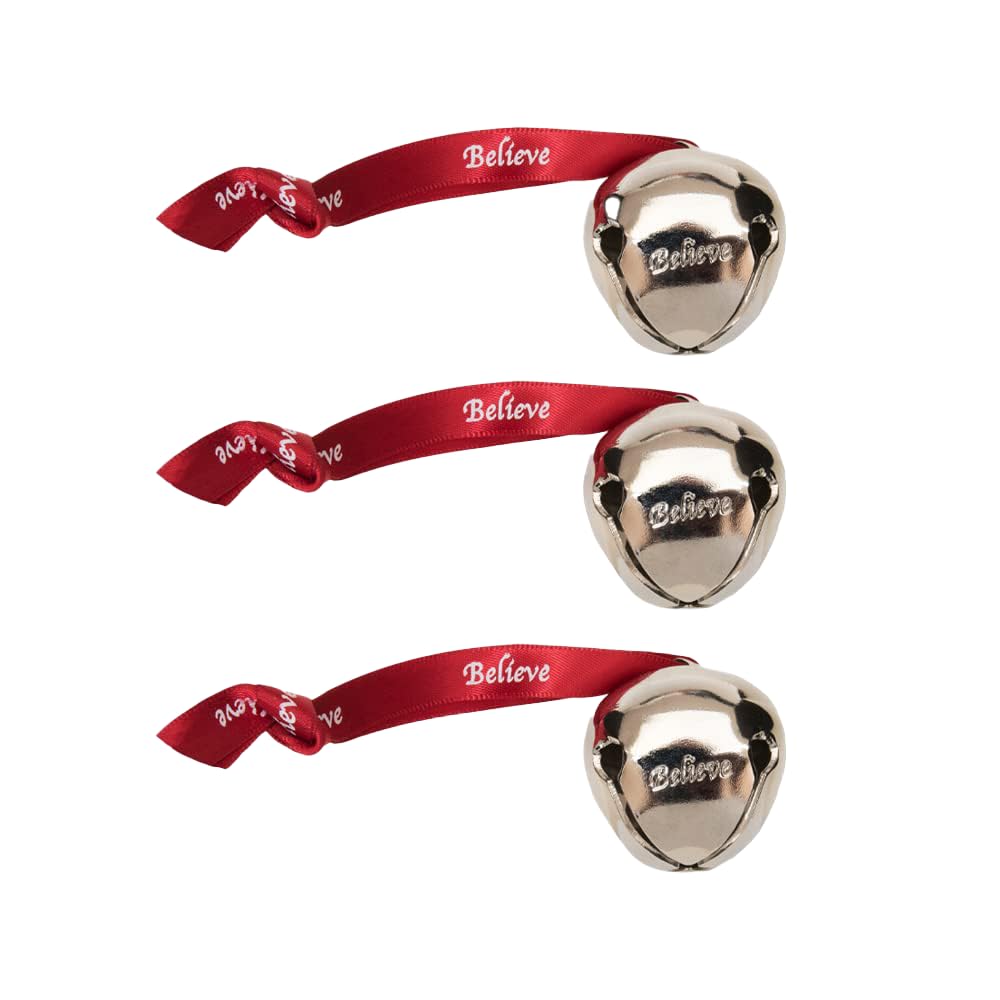 Bevin Bells Believe Sleigh Bells Ornament (3-Pack) | 1.5" Made of Steel | Hanging Bells with a Red Satin Believe Ribbon | Great Tone | Xmas Gift or Stocking Stuffer | Made in The USA