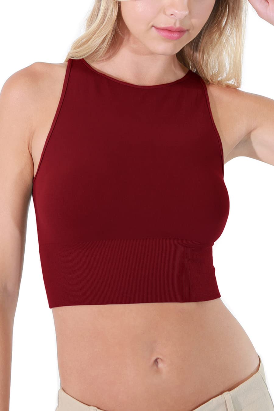 NIKIBIKI Women Seamless Solid High Neck Crop Top, Made in U.S.A, One Size