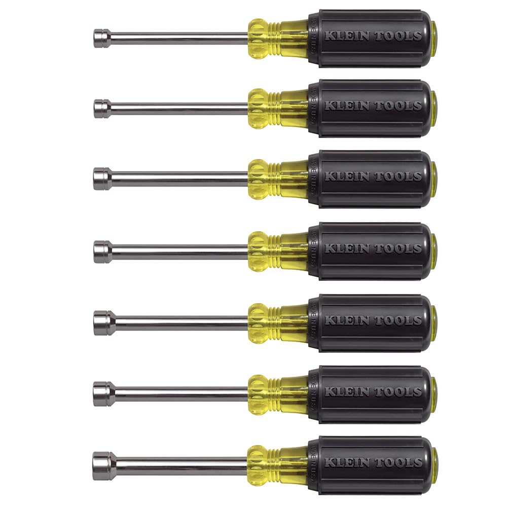 Klein Tools 65160 Tool Set, Made in USA, Metric Nut Driver Set Sizes 5, 5.5, 6, 7, 8, 9, and 10 mm, 3-Inch Chrome-Plate Hollow Shafts, 7-Piece