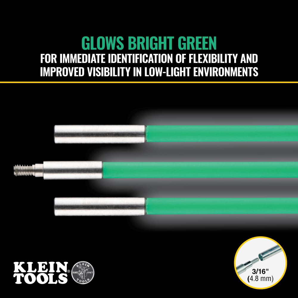 Klein Tools 50159 15-Foot Hi-Flex Glow Fish Rod Set, Made in USA, (3) 5/32-Inch Fiberglass, Adapter, Bullet Nose, Attachments, Splinter Guard Coating
