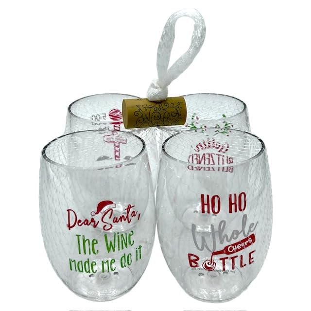 Set of 4 Shatterproof Designer 16 oz Plastic Wine Glasses MADE in the USA (CHRISTMAS)
