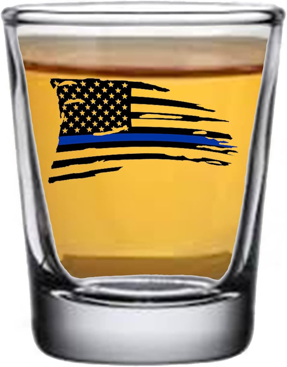 Rogue River Tactical Tattered Thin Blue Line Flag Old Fashioned Whiskey Glass And Shot Glass Bar Drinking Cup Gift Set For Police Officer Law Enforcement Bundle Combo