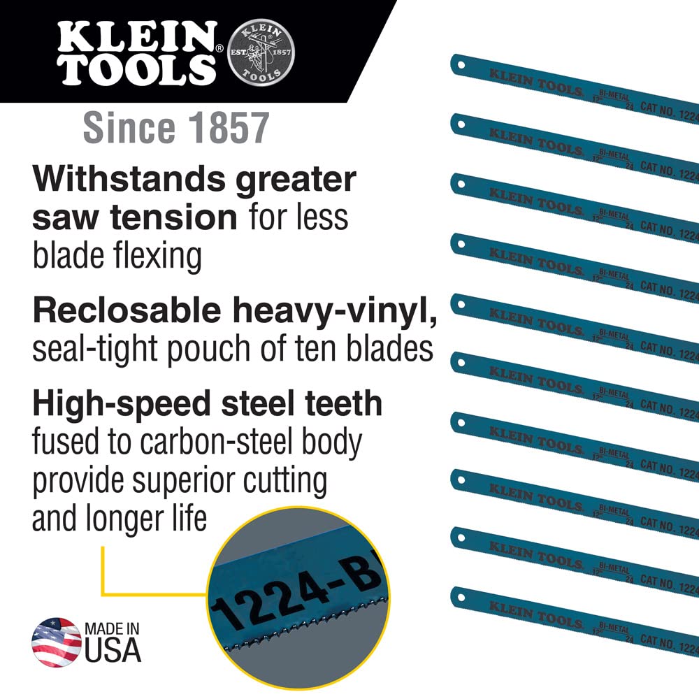Klein Tools 1232BI-P Hacksaw Blades, Bi-Metal Replacement Blades 32 TPI, 12-Inch, 10-Pack, Made in USA