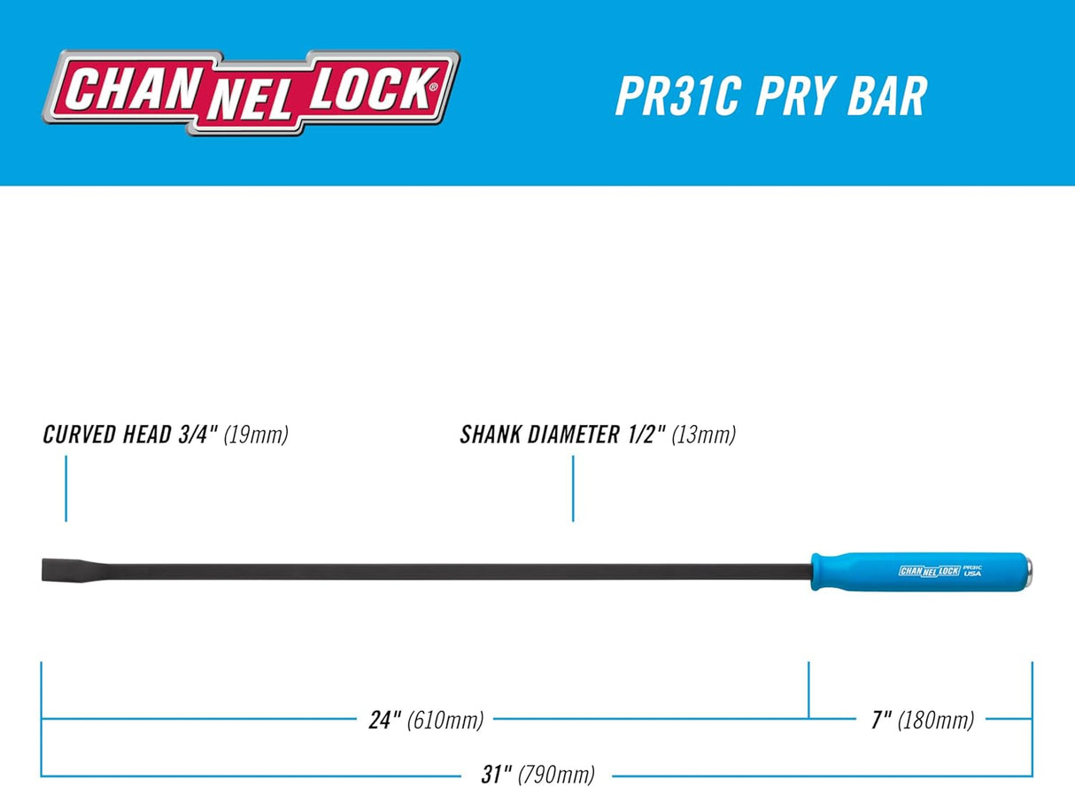 CHANNELLOCK 3/4 x 24-inch Professional Pry Bar, 31-inch Overall Length, Made in USA, Molded 4-Sided Textured Grip