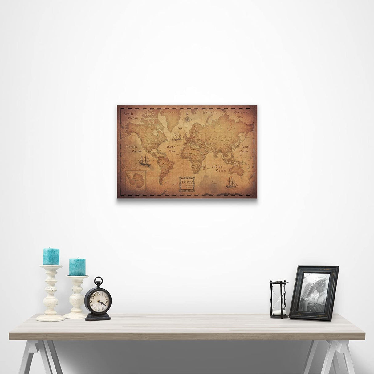 Push Pin World Map Board - With Push Pins to Mark World Travel - Handmade in Ohio, USA - Design: Golden Aged (48" x 32")