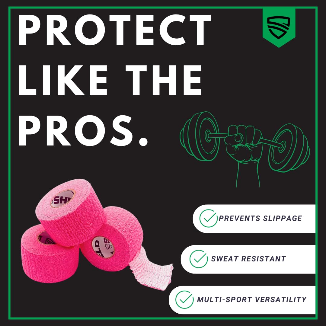 SHIELD | Weightlifting Tape - Made in USA, Hook Grip, Cross-Training, WOD Grip Tape 3-Pack– Durable, Non-Slip, Comfortable Stretchy Athletic Tape – Thumb, Wrist, Finger Protection (Pink)