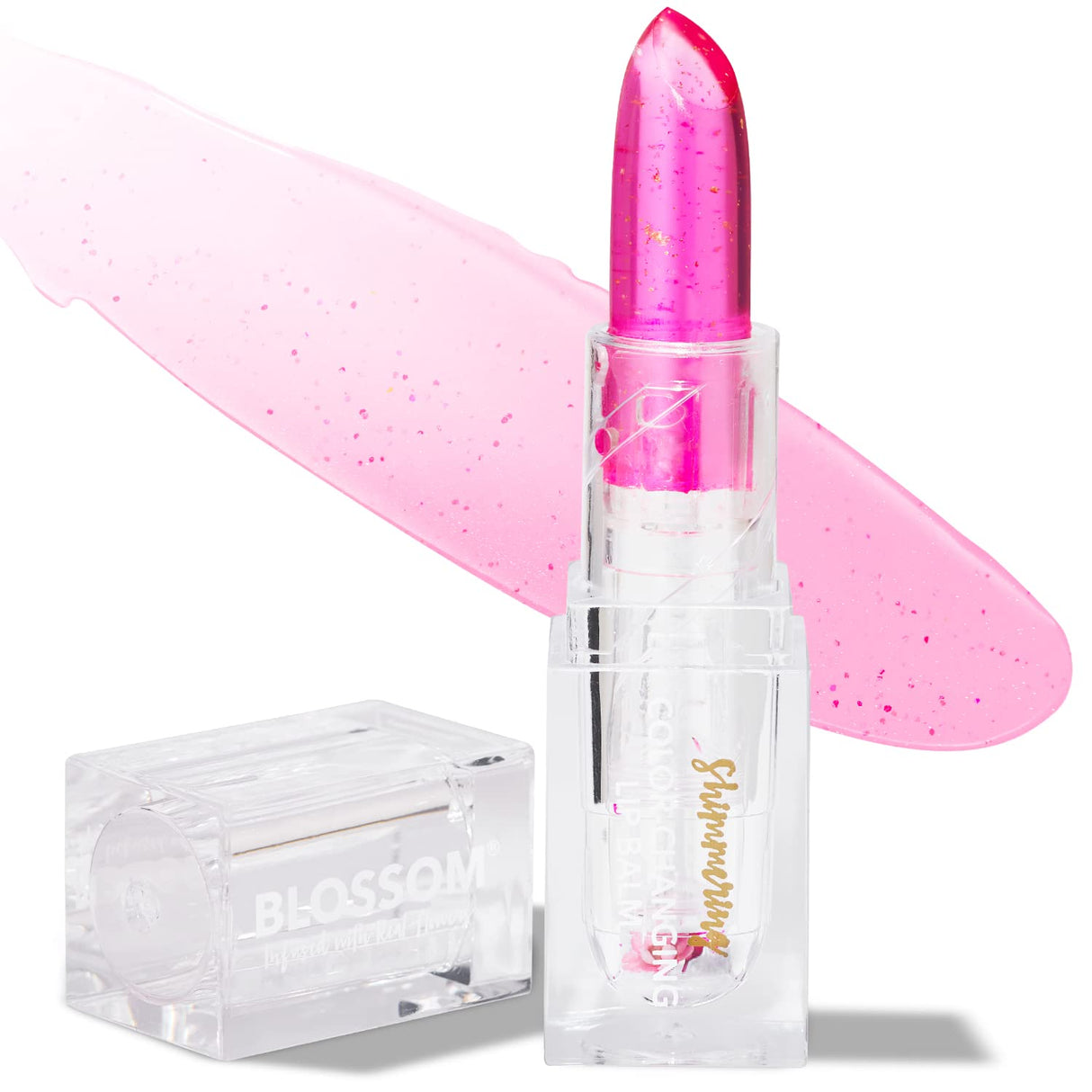 Blossom Moisturizing pH Color Changing Shimmering Lip Balm Sparkle Lip Stain Tint, Infused with Real Flowers, 3g, Electric Pink