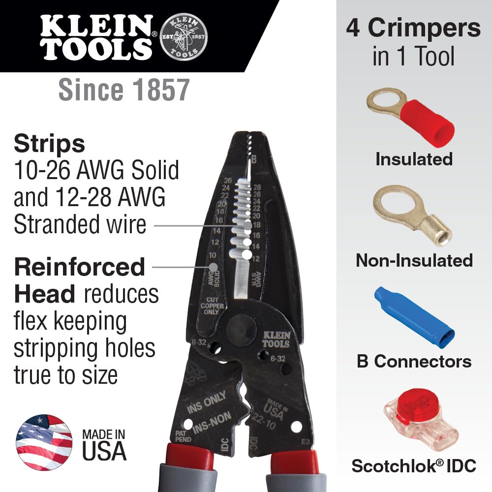 Klein Tools 1019 Klein Kurve Wire Stripper / Crimper / Cutter for B and IDC Connectors, Made in USA, Terminals, More