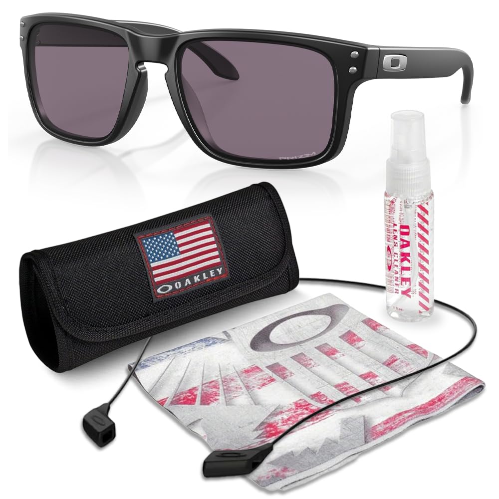 Oakley OO9102 HOLBROOK Square Sunglasses for Men - High Bridge Fit - USA Flag Cleaning Kit and Leash - PREMIUM BUNDLE