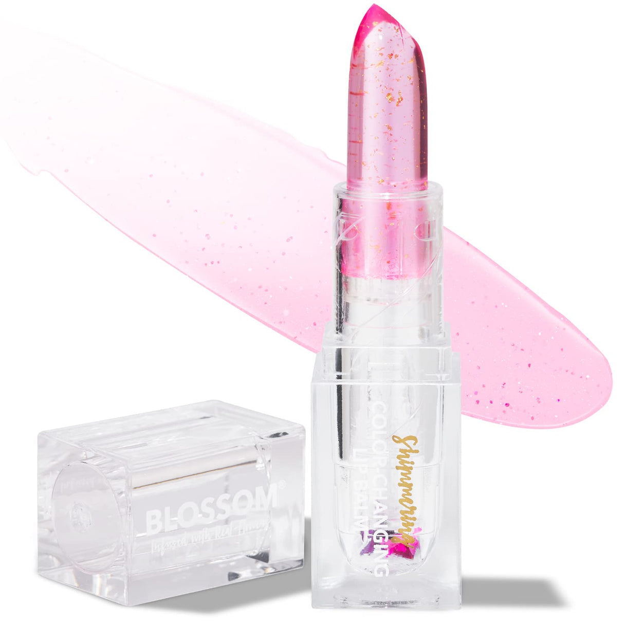 Blossom Moisturizing pH Color Changing Shimmering Lip Balm Sparkle Lip Stain Tint, Infused with Real Flowers, 3g, Electric Pink