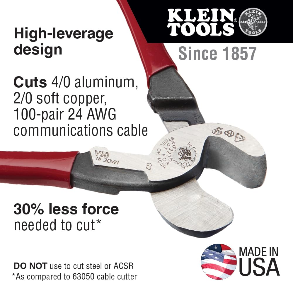 Klein Tools 63215 Cable Cutter, Made in USA, High-Leverage 6.5-Inch Compact, Forged From US Made Steel, Ideal for Cutting Aluminum and Copper Cable