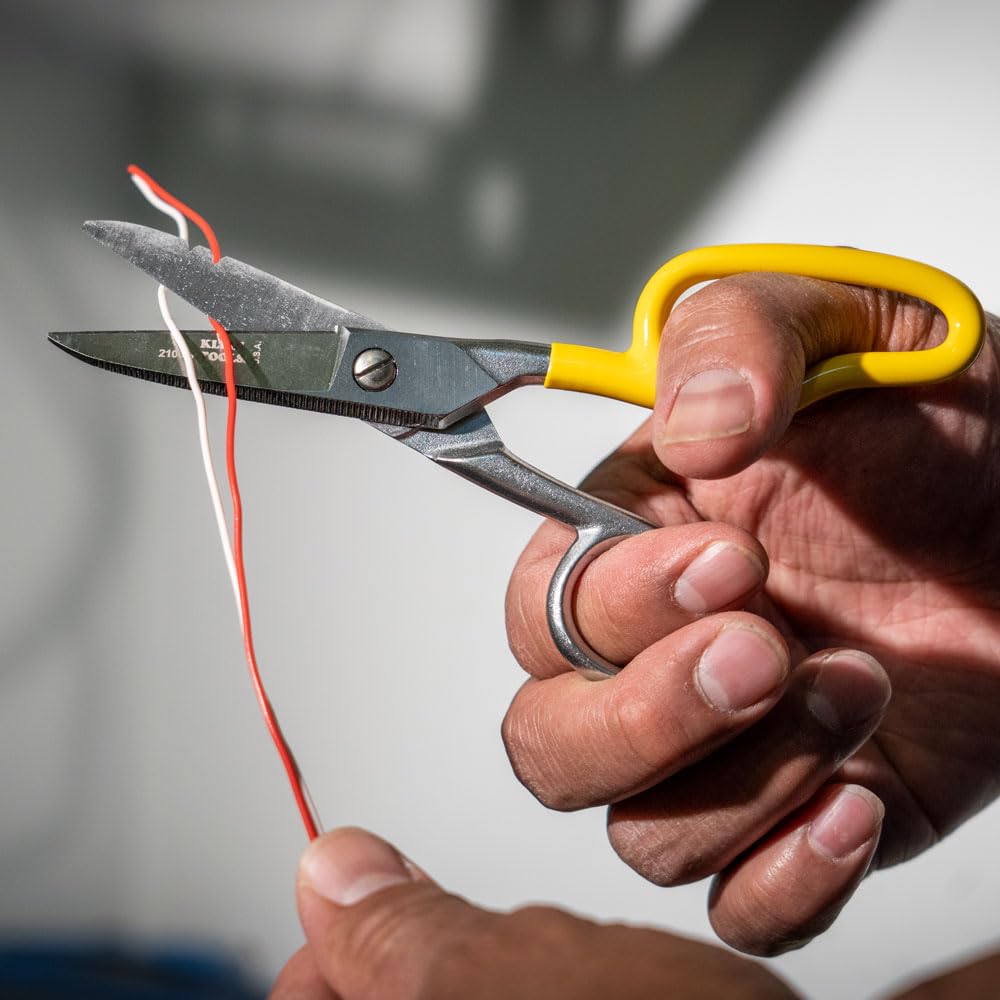 Klein Tools 2100-8 Scissors, Made in USA, Electrician Free Fall Snips, Stainless Steel Cut 19 and 23 AWG Electrical Communication Wire, Cable and Cordage