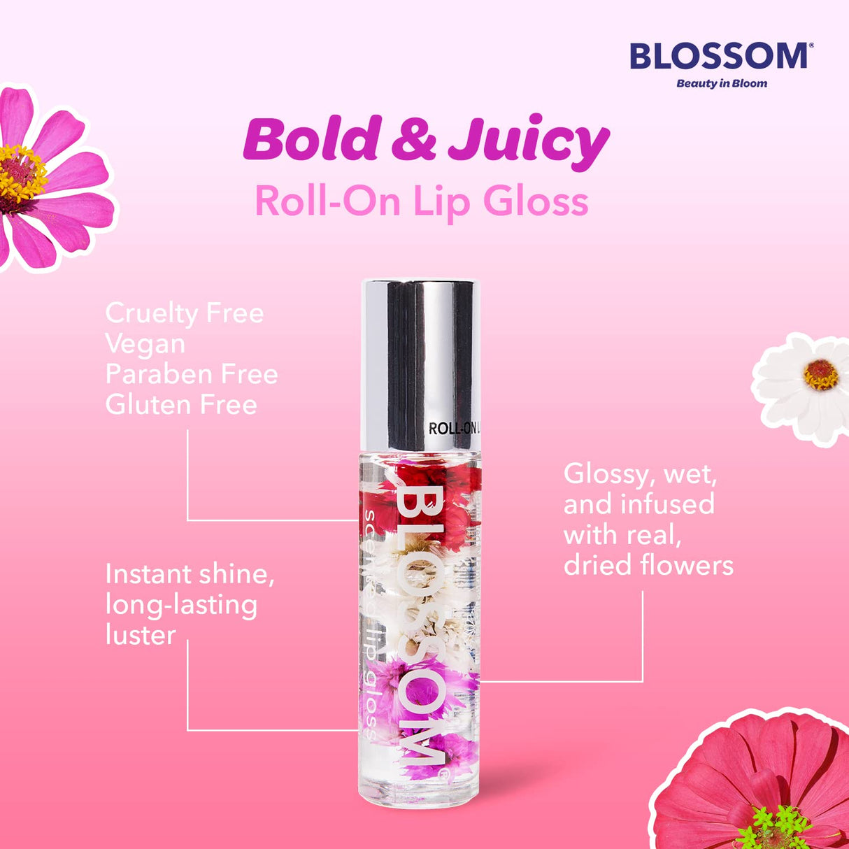 Blossom Scented Roll on Lip Gloss, Infused with Real Flowers, Made in USA, 0.20 fl. oz./5.9ml, Watermelon