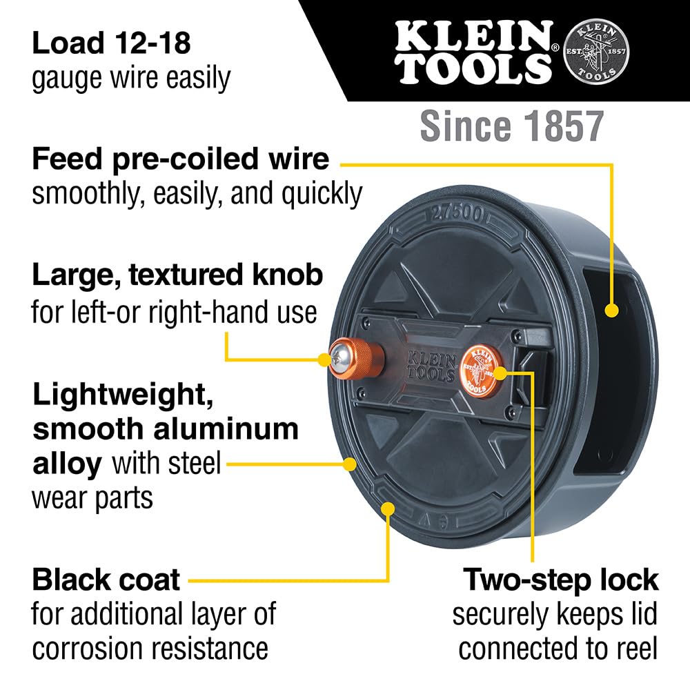 Klein Tools 27400 Tie wire Reel, Made in USA, Lightweight Aluminum, Left Handed and Right Handed with Rewind Knob