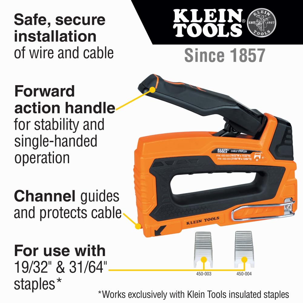 Klein Tools 450-003 Heavy Duty Staples, Made in USA, 19/32 x 11/32-Inch Insulated Staples for Romex and Other Cables, for Klein Tools Stapler No. 450-100