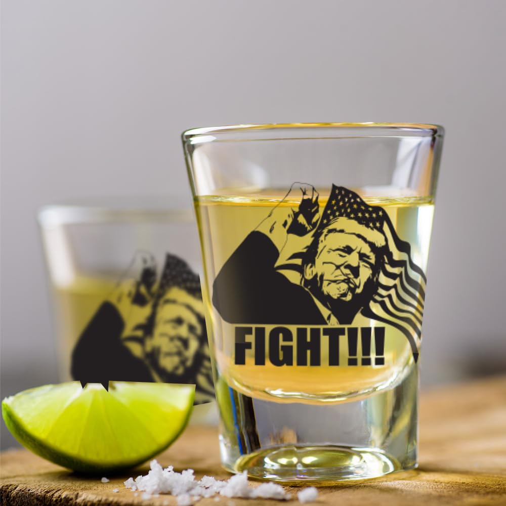 Trump FIGHT Iconic 2 oz Trump Shot Glass Made in America & Dishwasher Safe! Gift Box Included | Trump Survived Shot Assassination Attempt Trump PA Rally Fist Pump Fight Patriotic Gift