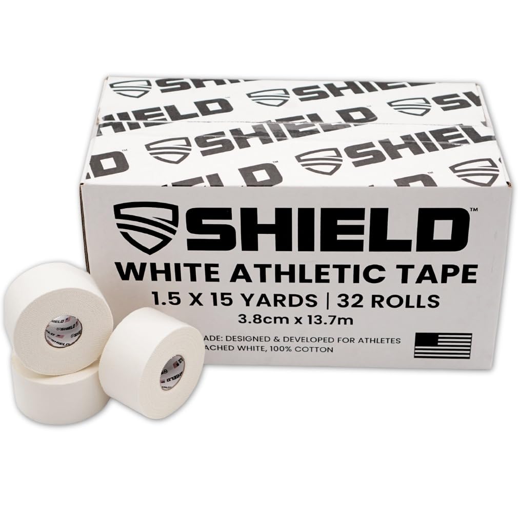 SHIELD | 32 Pack White Athletic Tape Bulk- 1.5 Inches x 15 Yards - Made in USA Easy Tear, Rigid, No Residue. Sports Medicine - Athletes, Medical, Therapy, Athletic Trainers: Ankles Wrists Fingers