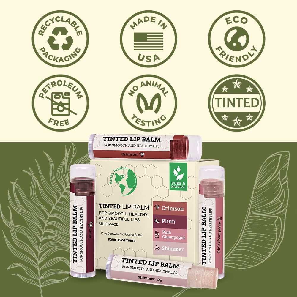 USDA Organic Lip Balm 6-Pack by Earth's Daughter Stocking Stuffers - Fruit Flavors, Beeswax, Coconut Oil, Vitamin E - Best Lip Repair Chapstick for Dry Cracked Lips - Moisturizing Lip Care