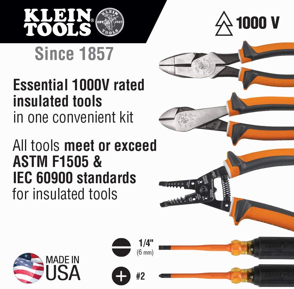 Klein Tools 94130 1000V Insulated Screwdriver Tool Set with #2 Phillips and 1/4-Inch Cabinet Slim Tips, 2 Insulated Pliers and Wire Stripper