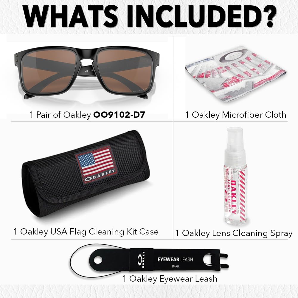 Oakley OO9102 HOLBROOK Square Sunglasses for Men - High Bridge Fit - USA Flag Cleaning Kit and Leash - PREMIUM BUNDLE