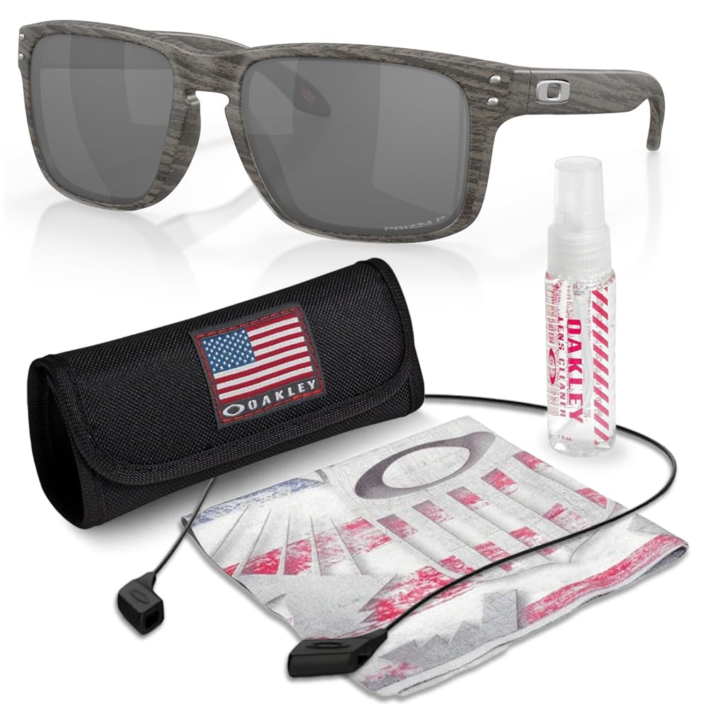 Oakley OO9102 HOLBROOK Square Sunglasses for Men - High Bridge Fit - USA Flag Cleaning Kit and Leash - PREMIUM BUNDLE