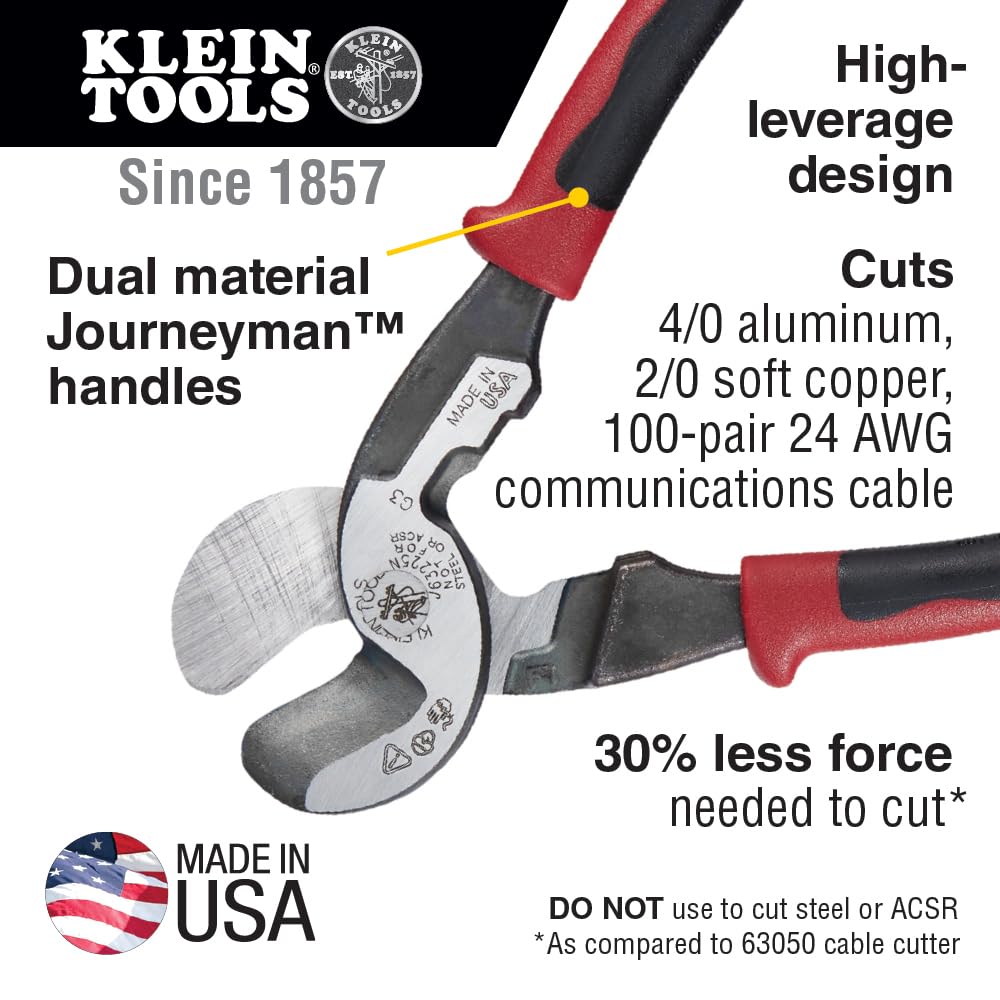 Klein Tools 63215 Cable Cutter, Made in USA, High-Leverage 6.5-Inch Compact, Forged From US Made Steel, Ideal for Cutting Aluminum and Copper Cable