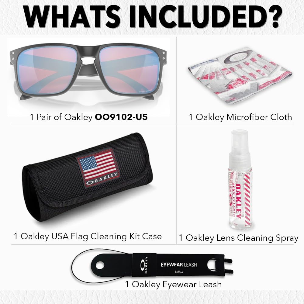 Oakley OO9102 HOLBROOK Square Sunglasses for Men - High Bridge Fit - USA Flag Cleaning Kit and Leash - PREMIUM BUNDLE