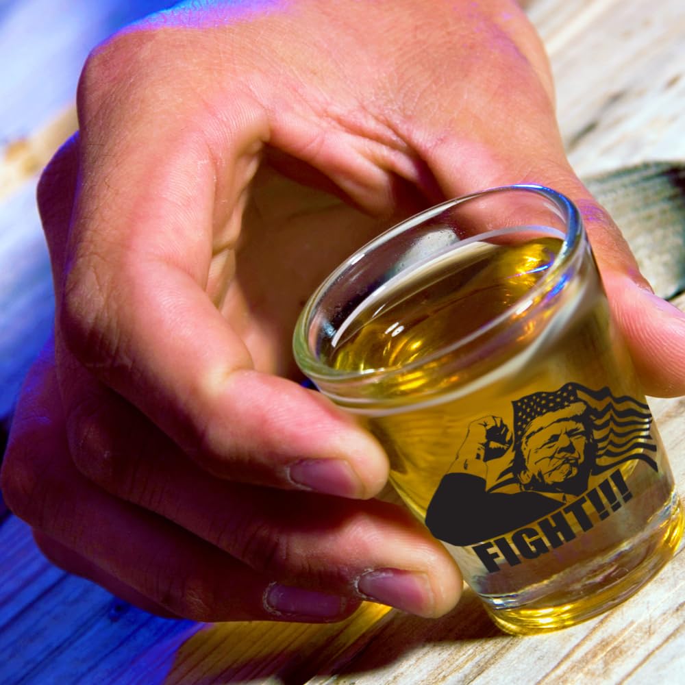 Trump FIGHT Iconic 2 oz Trump Shot Glass Made in America & Dishwasher Safe! Gift Box Included | Trump Survived Shot Assassination Attempt Trump PA Rally Fist Pump Fight Patriotic Gift