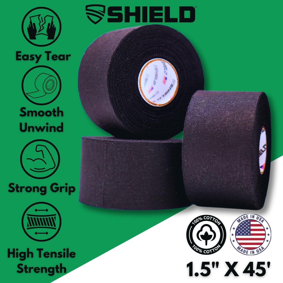 SHIELD | 32 Pack Black Athletic Tape Bulk - 1.5 Inches x 15 Yards - Made in USA Easy Tear, No Residue. Sports Medicine - Athletes, Medical, Therapy, Athletic Trainers: Ankles Wrists Fingers