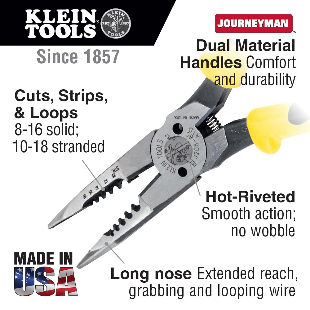 Klein Tools J207-8CR Needle Nose Pliers are All-Purpose Linesman Pliers, Made in USA, Crimping, Looping, Cutting, Stripping, Crimping, Shearing