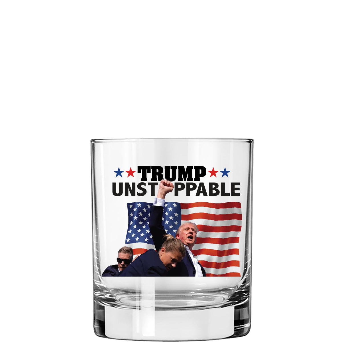 Unstoppable Trump Shot Whiskey Bourbon Glass - Made in America & Dishwasher Safe! Trump Survived Shot Assassination Attempt Survivor You Missed Trump Fight PA Trump Rally Fist Pump Maga Patriotic Gift