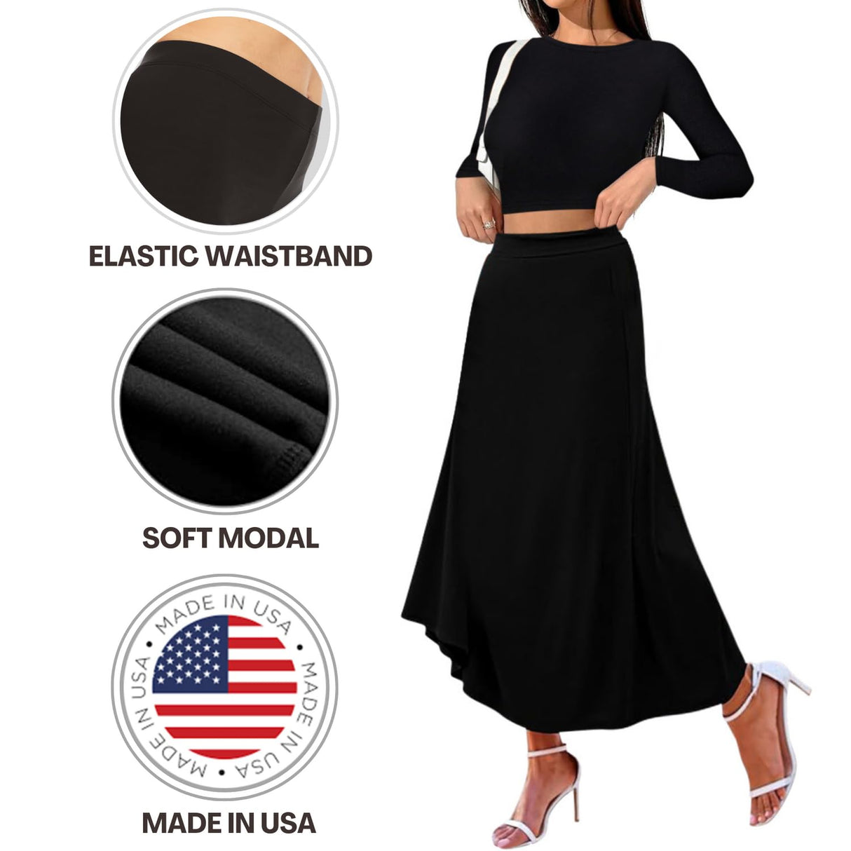 Sweet Hearts 2 Piece Sets for Women- Casual Modal Maxi Skirt Long Sleeve Crop Tops Womens 2 Piece Outfits Fall Made in USA