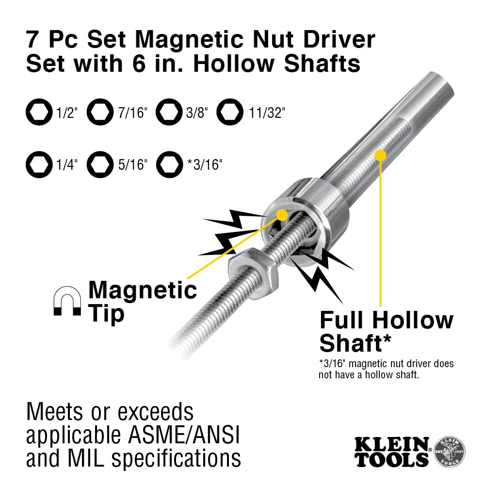 Klein Tools 647M Tool Set, Made in USA, Magnetic Nut Drivers Sizes 3/16, 1/4, 5/16, 11/32, 3/8, 7/16, 1/2-Inch, 6-Inch Hollow Shafts, 7-Piece