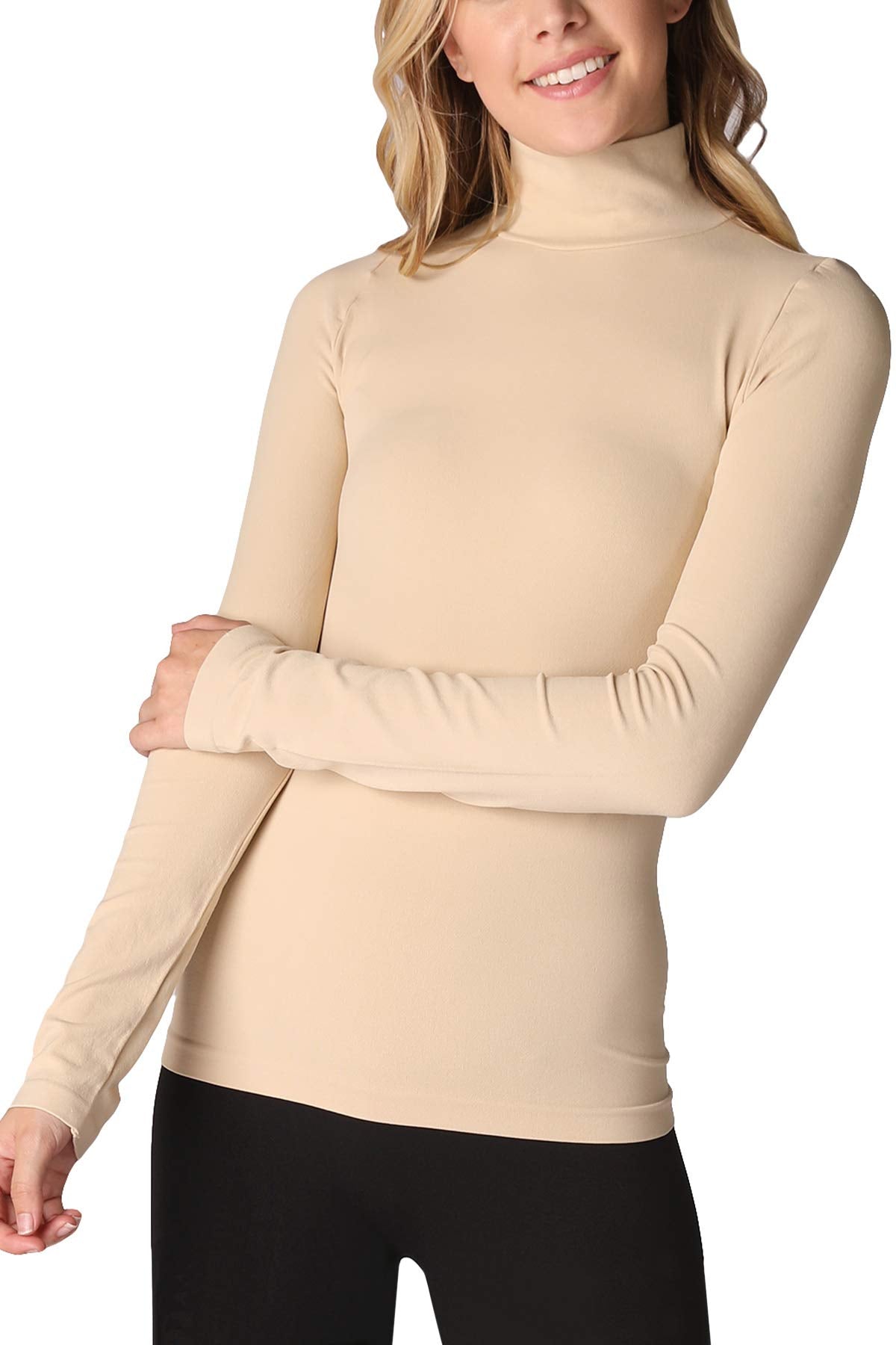 NIKIBIKI Women Seamless Long Sleeve Mock Neck Top, Made in U.S.A, One Size
