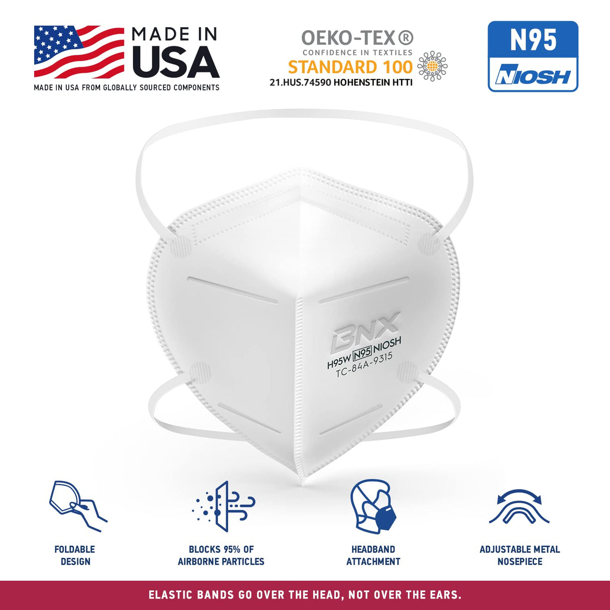 BNX N95 Mask NIOSH Certified MADE IN USA Particulate Respirator Protective Face Mask (10-Pack, Approval Number TC-84A-9315 / Model H95W) White