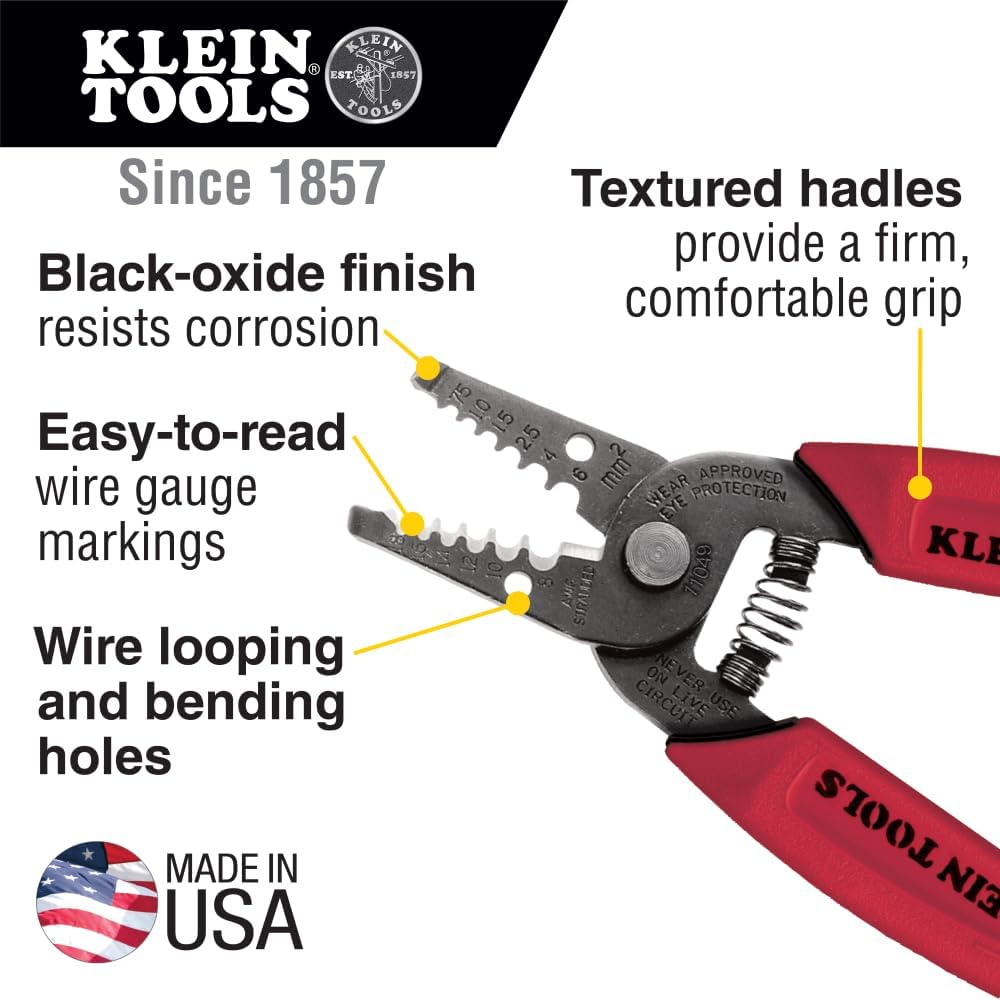 Klein Tools 11049 Wire Stripper / Cutter, Made in USA, Compact, Lightweight, Hardened Steel, Precision Ground, for Stranded Wires