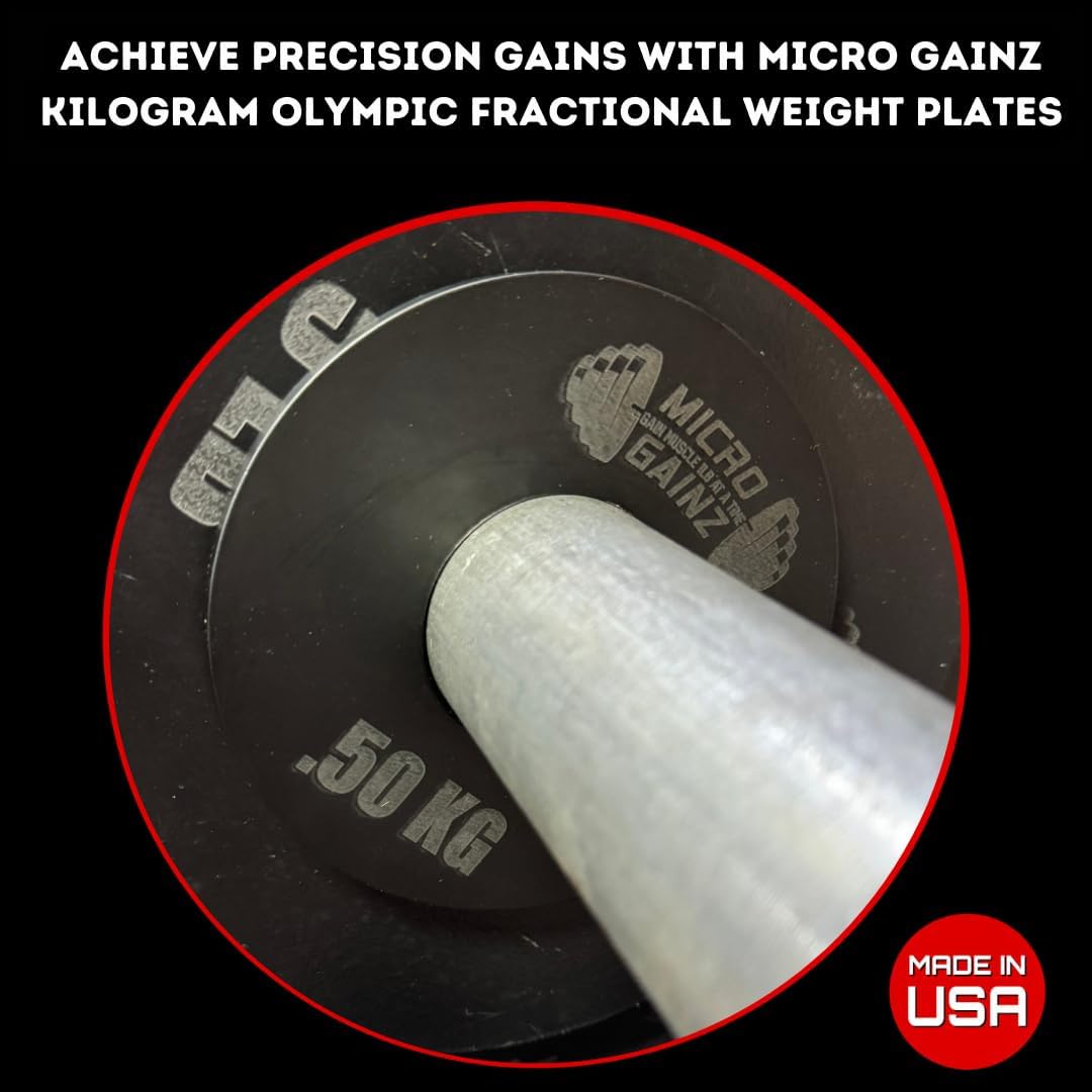 Micro Gainz Olympic Kilogram Fractional Weight Plate Set of 4 Steel Plates- (2-.25KG, 2-.50KG) Plates -Designed for Olympic Barbells, Used for Strength Training and Micro Loading, Made in USA