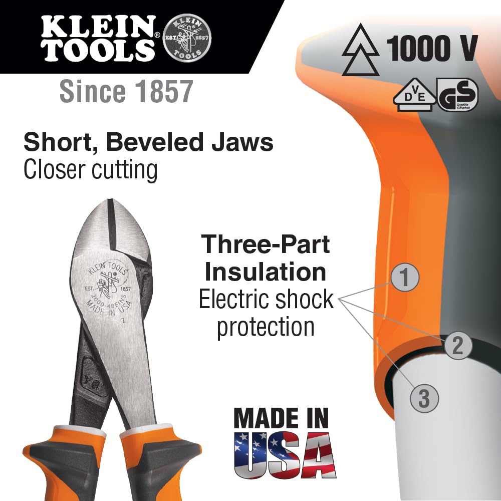 Klein Tools D228-8-INS Pliers, Made in USA, Insulated Diagonal Cutting Pliers with 1000V Rated Dual-Layer Grips and High-Leverage Design, 8-Inch