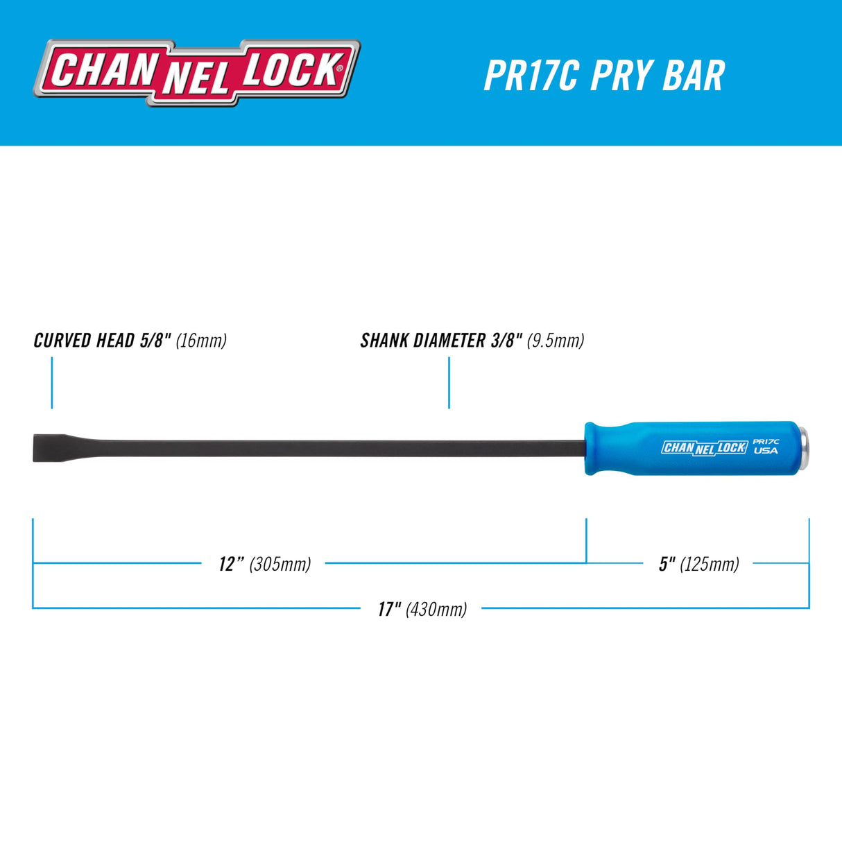 CHANNELLOCK 5/8 x 12-inch Professional Pry Bar, 17-inch Overall Length, Made in USA, Molded 4-Sided Textured Grip