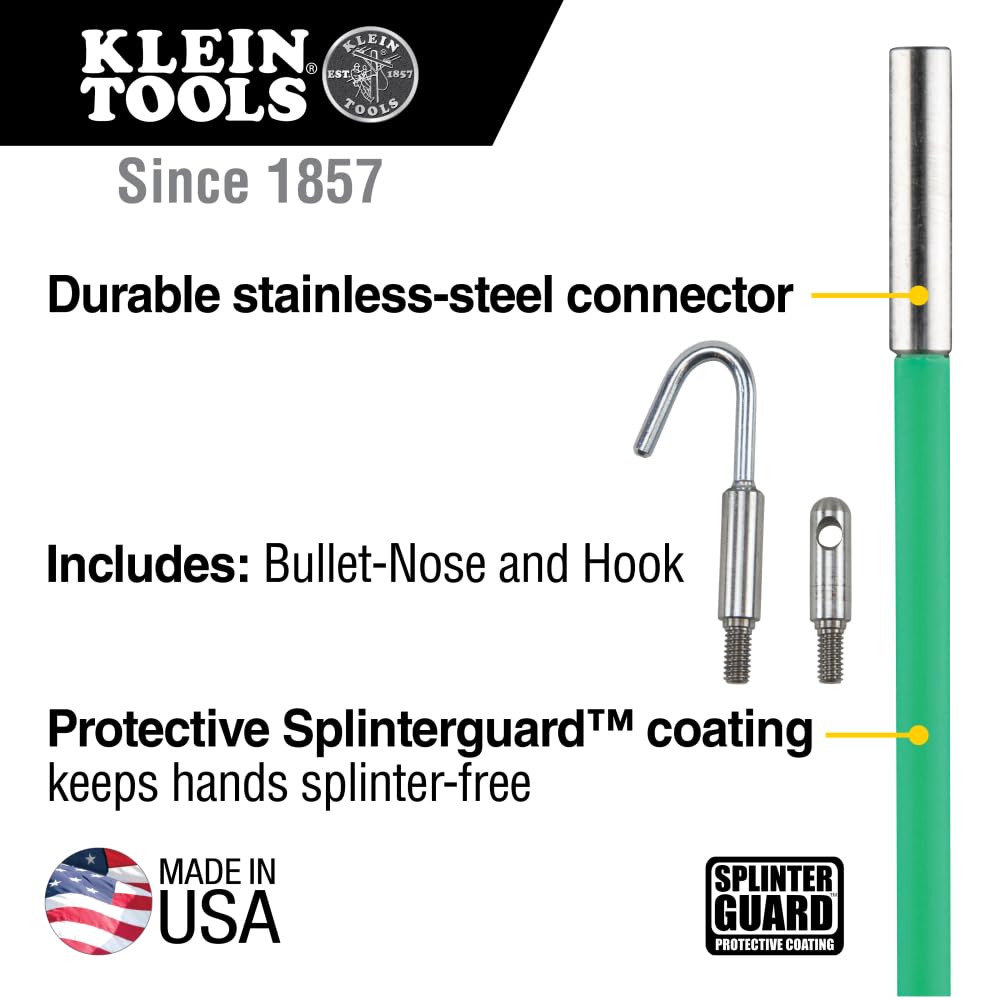 Klein Tools 50159 15-Foot Hi-Flex Glow Fish Rod Set, Made in USA, (3) 5/32-Inch Fiberglass, Adapter, Bullet Nose, Attachments, Splinter Guard Coating