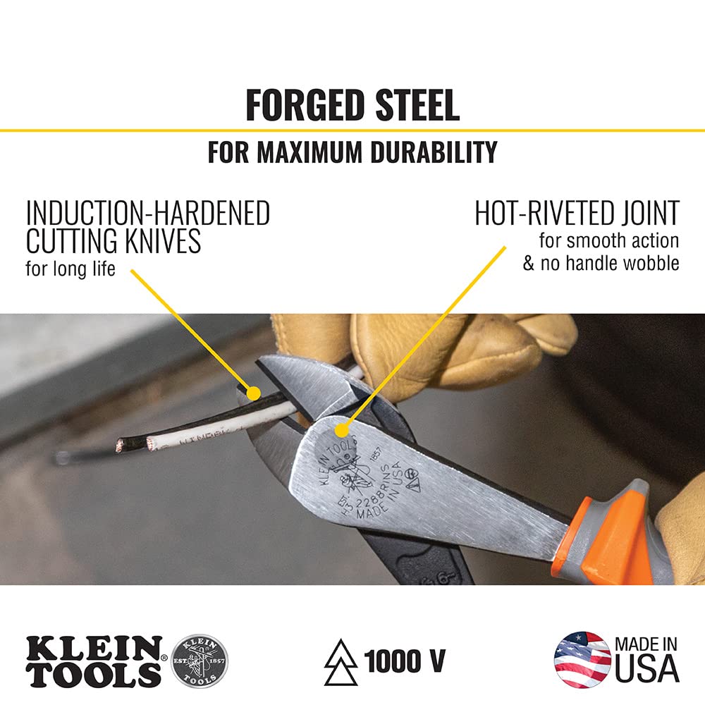 Klein Tools 2139NERINS 1000V Insulated Side Cutter Pliers, Made in USA, High Leverage Design, Induction Hardened Knives, 9-Inch