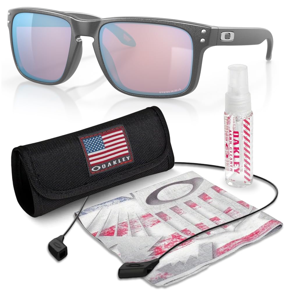 Oakley OO9102 HOLBROOK Square Sunglasses for Men - High Bridge Fit - USA Flag Cleaning Kit and Leash - PREMIUM BUNDLE