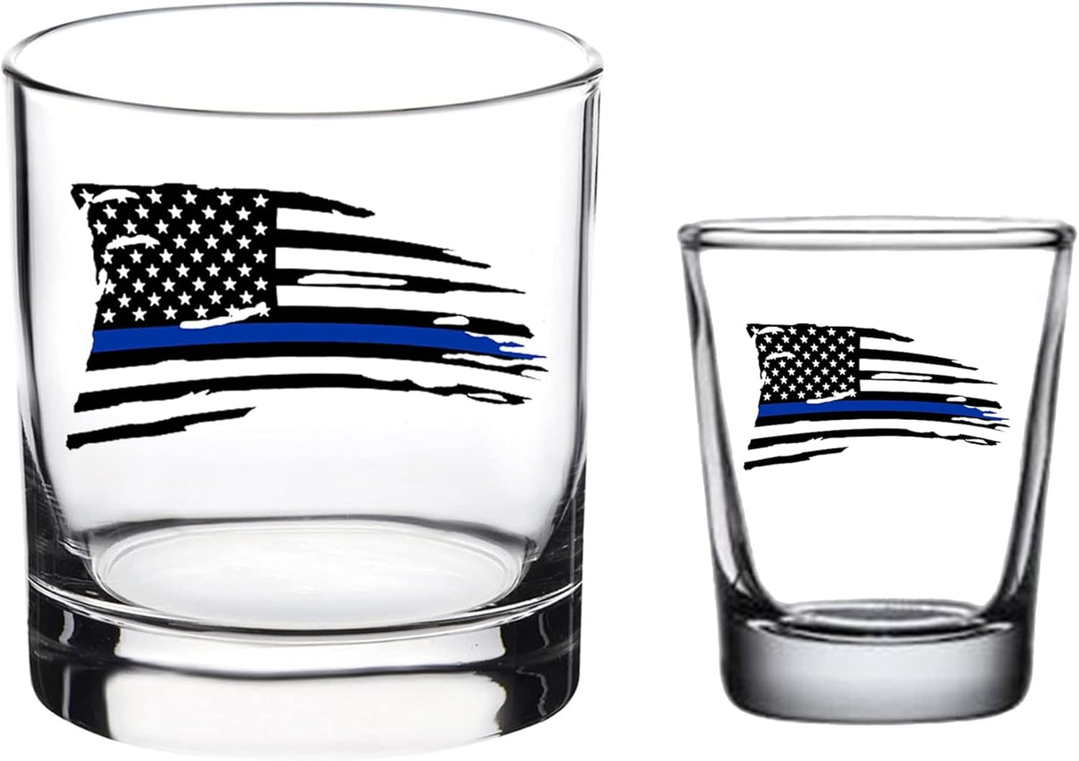 Rogue River Tactical Tattered Thin Blue Line Flag Old Fashioned Whiskey Glass And Shot Glass Bar Drinking Cup Gift Set For Police Officer Law Enforcement Bundle Combo