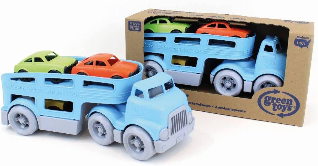Green Toys Car Carrier, Blue - Pretend Play, Motor Skills, Kids Toy Vehicle. No BPA, phthalates, PVC. Dishwasher Safe, Recycled Plastic, Made in USA (4 Piece Set)