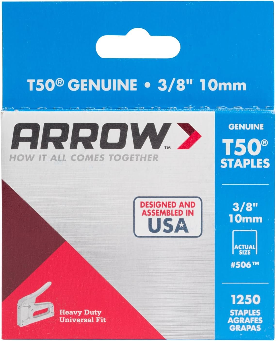 Arrow 506 Heavy Duty T50 3/8-Inch Leg Length, 3/8-Inch Crown, Staples for Upholstery, Construction, Furniture, Crafts, 1250-Pack, Made in the USA
