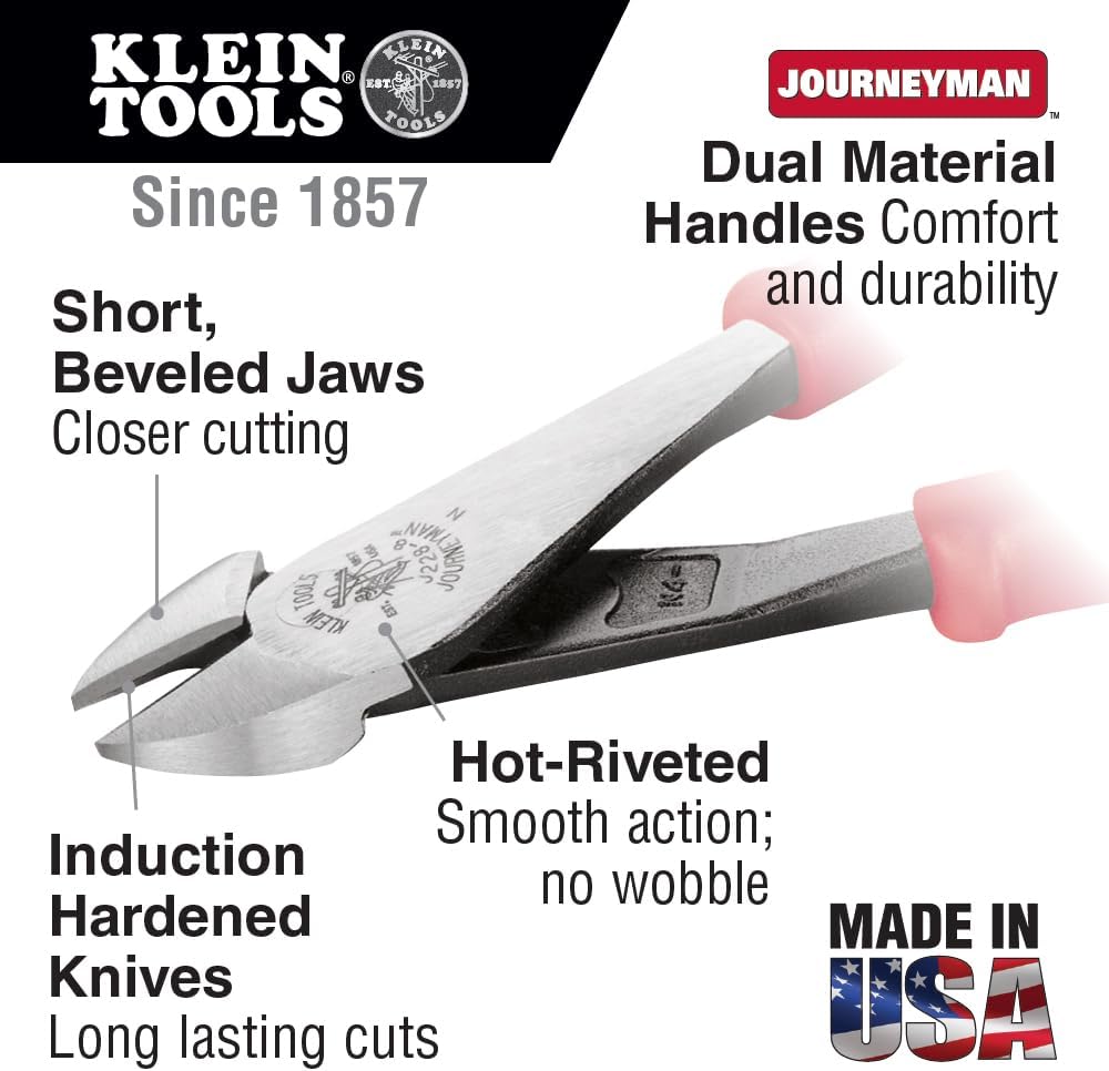 Klein Tools J228-8 Pliers, Made in USA, Diagonal Cutting Pliers with Dual-Material Journeyman Handles, Short Jaws and Beveled Cutting Edges, 8-Inch