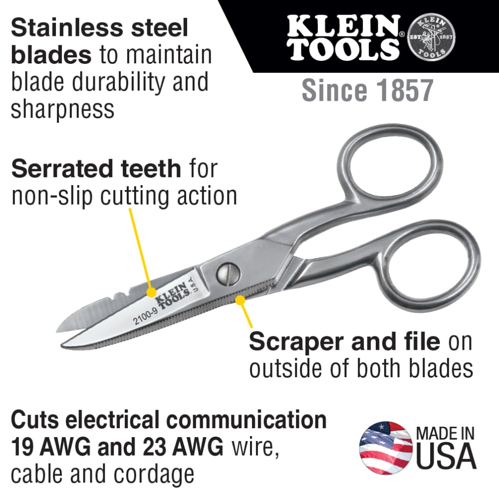 Klein Tools 2100-9 Stainless Steel Electrician's Scissors with Stripping Notches, 5-1/4-Inch, Made in USA