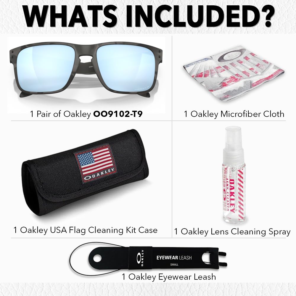 Oakley OO9102 HOLBROOK Square Sunglasses for Men - High Bridge Fit - USA Flag Cleaning Kit and Leash - PREMIUM BUNDLE