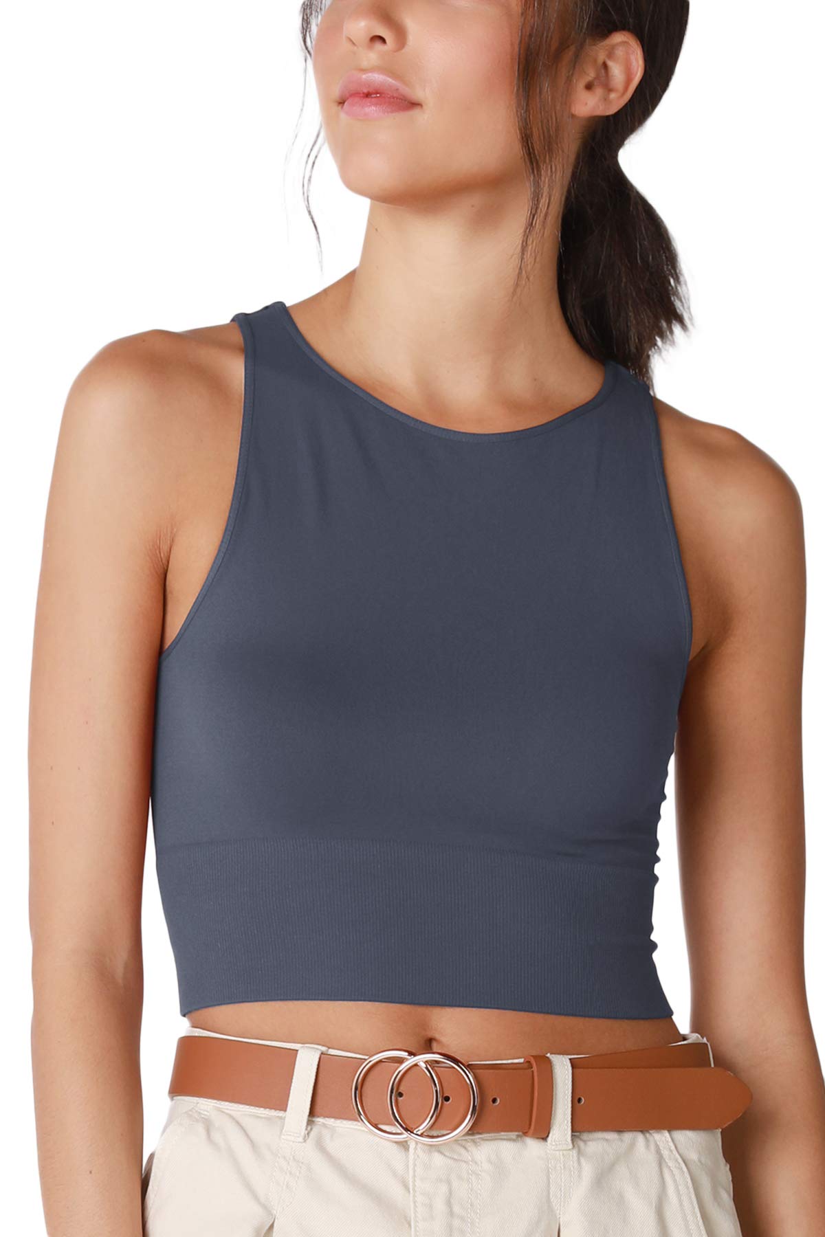 NIKIBIKI Women Seamless Solid High Neck Crop Top, Made in U.S.A, One Size